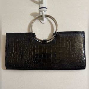 Giannini‎ Black Crocodile-Embossed Clutch with Silver Ring Handle